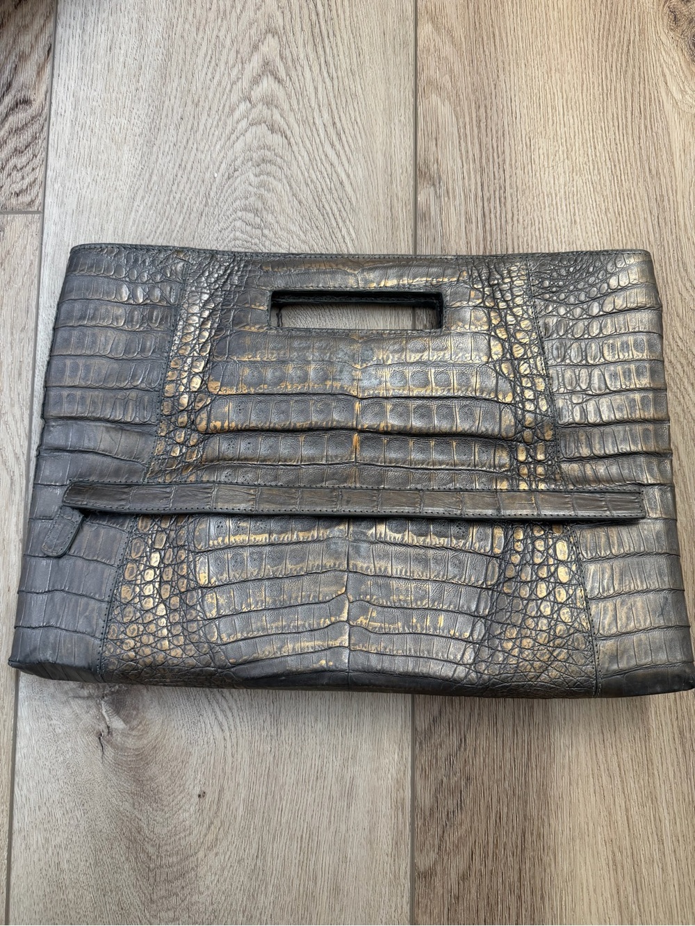 Nancy Gonzalez Croc Metallic Bronze Fold-Over Clutch/ handle bag